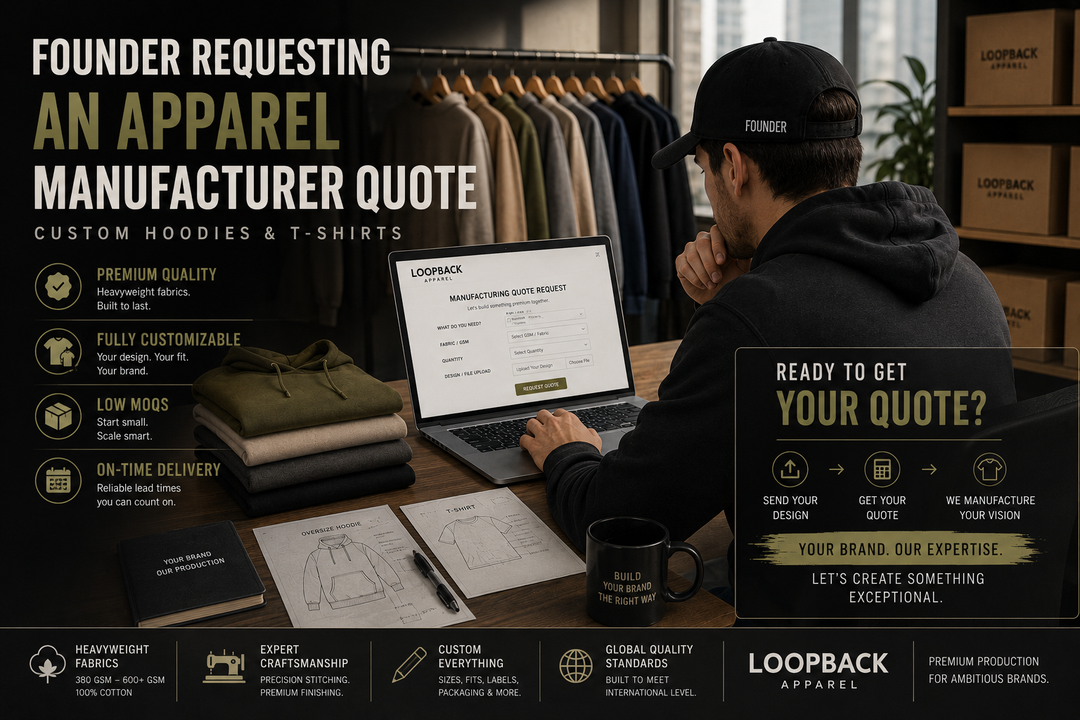 Founder requesting an apparel manufacturer quote from Loopback Apparel for custom hoodies and T-shirts.