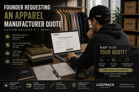 Founder requesting an apparel manufacturer quote from Loopback Apparel for custom hoodies and T-shirts.