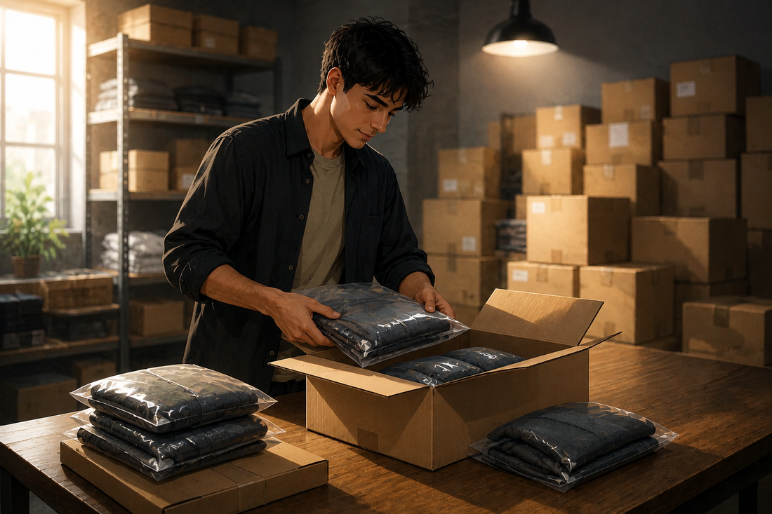 entrepreneur creating a clothing brand business plan with apparel samples, financial charts, marketing strategy, and product planning