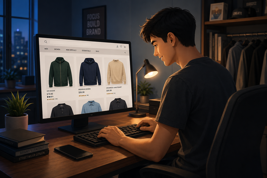 Designer inspecting premium hoodie fabric in a modern clothing studio representing the craftsmanship behind premium clothing brands.