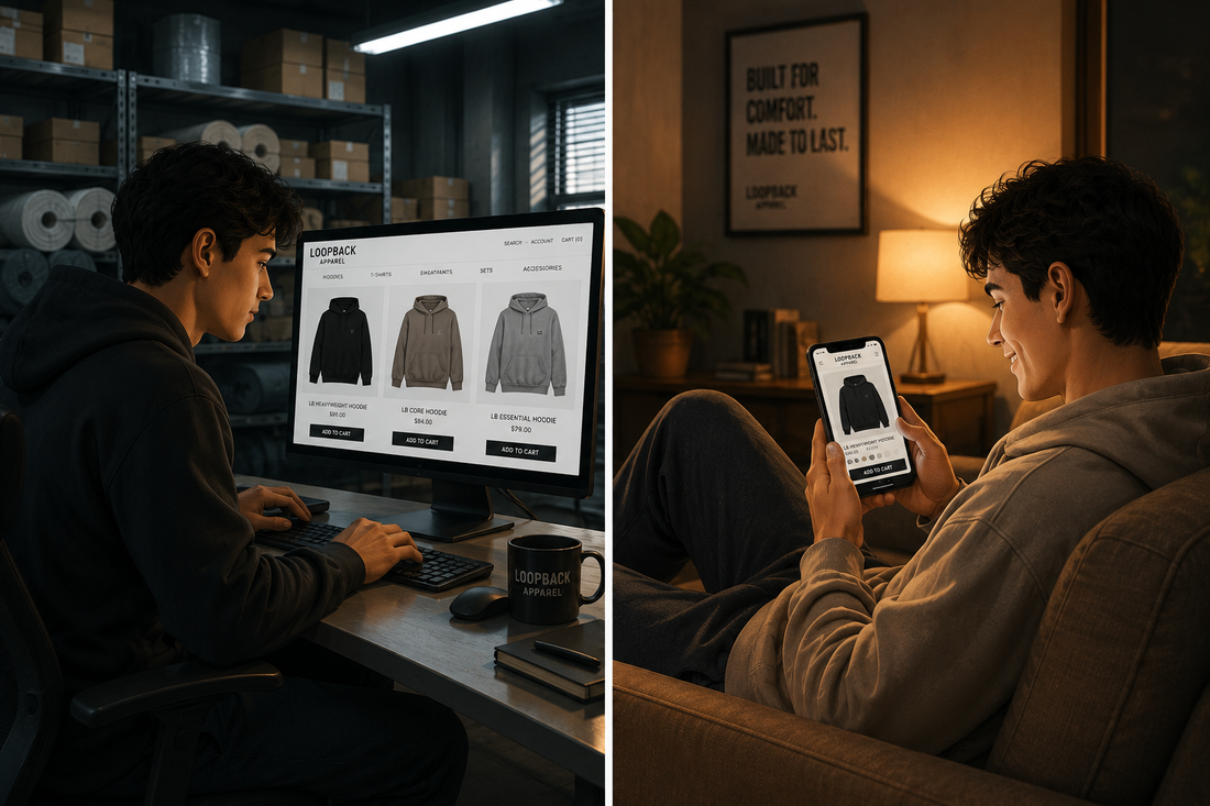 Entrepreneur building an online clothing store and browsing apparel products on an eCommerce website while learning how to sell clothes online.