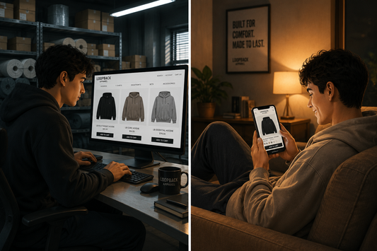 Entrepreneur building an online clothing store and browsing apparel products on an eCommerce website while learning how to sell clothes online.
