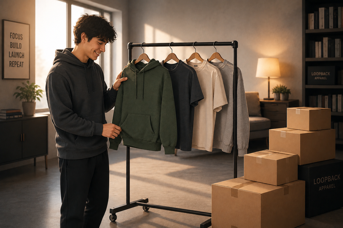 Fashion entrepreneur researching customer preferences, market trends, and target audience for a new clothing brand using analytics and social media insights.