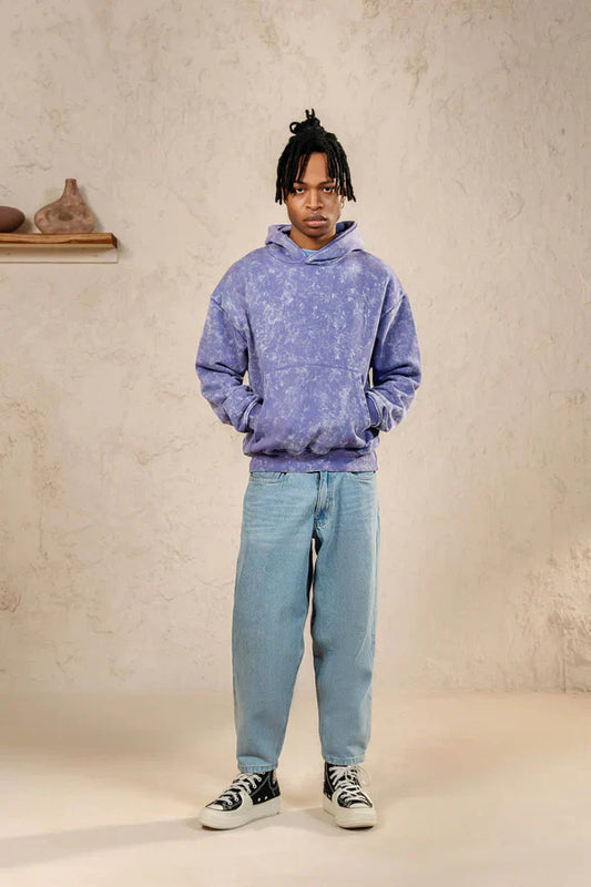 Purple drop shoulder hoodies and baggy jeans