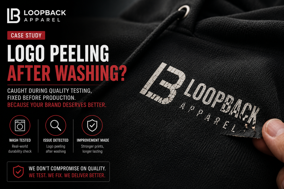 Close-up of a hoodie logo peeling after washing during quality testing before production improvements.