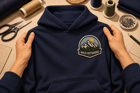 Embroidery Patches on Hoodies by Loopback Apparel showcasing premium custom embroidered patch design on heavyweight hoodies for private label clothing brands.