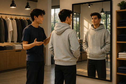 Model wearing a premium oversized heavyweight cotton hoodie by Loopback Apparel featuring a relaxed streetwear fit and minimalist design.