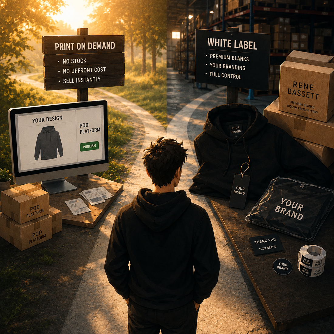 Comparison of print on demand vs white label apparel for clothing brands by Loopback Apparel.
