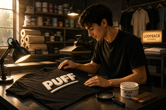 Loopback Apparel puff print process showing raised logo printing on premium heavyweight hoodies and T-shirts.