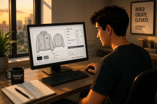 Loopback Apparel clothing tech pack design process showing garment sketches, measurements, fabric specifications, and production planning.