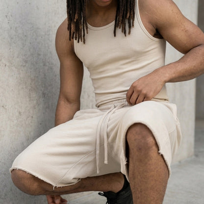 Loopback Apparel baggy shorts waistband detail, elastic drawstring in Cloud Dancer off-white fleece