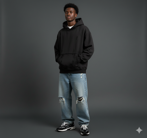 Black Distress Oversized Hoodie
