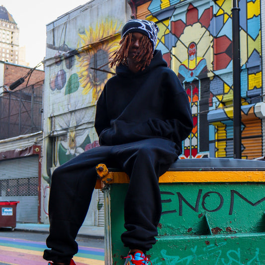 loopback Oversized Black Hoodie 480 GSM heavyweight with baggy sweatpants. essential hoodie 