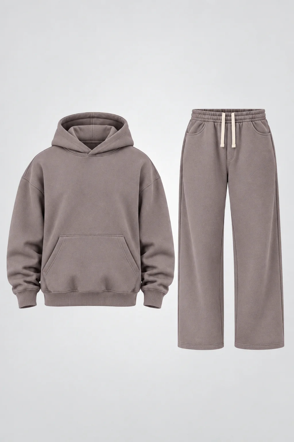 Warm grey hoodie and sweatpants set, flat lay with hood and drawstring waistband