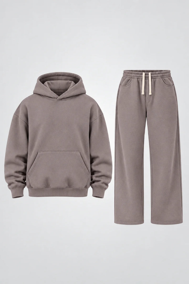 Warm grey hoodie and sweatpants set, flat lay with hood and drawstring waistband
